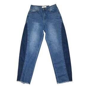 NWT Flying Angel Barrel High Rise Jeans Size 7/28 Two Tone Panel Denim